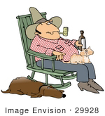 #29928 Clip Art Graphic Of A Loyal Hound Dog Sleeping With One Eye Open Beside His Master A Hillbilly Cowboy Who Is Drinking Beer And Smoking A Pipe With A Cat In His Lap While Rocking In A Rocking Chair