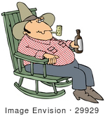 #29929 Clip Art Graphic Of A Cowboy Smoking A Tobacco Pipe And Drinking A Beer While Sitting In A Rocking Chair Trying To Unwind At The End Of A Long Day