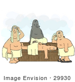 #29930 Clip Art Graphic Of Four Sweaty Men Wrapped In Towels Perspiring In A Hot Sauna