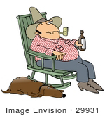 #29931 Clip Art Graphic Of A Tired Cowboy Smoking A Pipe And Drinking A Beer While Sitting In A Rocking Chair With His Tired Old Hound Dog Sleeping With One Eye Open Beside Him