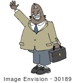 #30189 Clip Art Graphic Of A Friendly Black Businessman Carrying A Briefcase Waving Smiling And Showing His Metal Mouth Of Braces