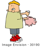 #30190 Clip Art Graphic Of A Blond Boy Putting Change Into His Piggy Bank
