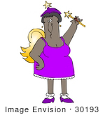#30193 Clip Art Graphic Of A Black Fairy Godmother Wearing A Purple Dress And Golden Wings Holding A Magic Wand