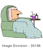 #30196 Clip Art Graphic Of A Sick White Man With A Blanket And Pillow Sitting In A Chair With Medicine By His Side