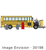 #30198 Clip Art Graphic Of A Group Of Male Mechanics Repairing The Engine Of A Yellow School Bus