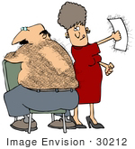 #30212 Clip Art Graphic Of A Middle Aged Bald White Man Sitting Backwards In A Chair While His Wife Rips A Wax Strip Off Of His Skin Removing A Patch Of Hair