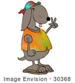 #30368 Clip Art Graphic Of A Hippie Dog In A Tie Dye Shirt And Sandals Flashing The Peace Sign Gesture