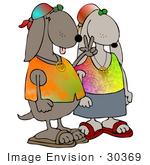 #30369 Clip Art Graphic Of A Hippie Dog Couple Wearing Tie Dye Shirts Flashing The Peace Sign