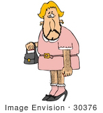 #30376 Clip Art Graphic Of A Hairy Male Crossdresser In A Dress Carrying A Purse