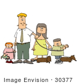 #30377 Clip Art Graphic Of A Man And Woman Mother And Father Walking With Their Dogs And Children All On Leashes