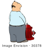 #30378 Clip Art Graphic Of A Middle Aged Man Pissing On A Red Fire Hydrant