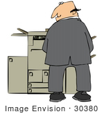 #30380 Clip Art Graphic of a Businessman Pissing On An Office Copier Machine And Looking Back Over His Shoulder by DJArt