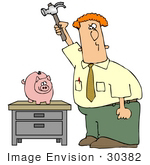 #30382 Clip Art Graphic Of A Businessman About To Break A Piggy Bank With A Hammer