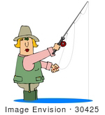 #30425 Clip Art Graphic Of A Middle Aged Blond Caucasian Woman Wearing A Vest And Wading Pants While Fishing