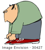 #30427 Clip Art Graphic Of A Balding Middle Aged Caucasian Man Bending Over To Tie The Laces Of His Red Shoes