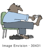 #30431 Clip Art Graphic Of A Balding Middle Aged Hispanic Or African American Man Holding His Feet Up While Sitting In A Chair And Clipping His Toenails