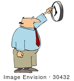 #30432 Clip Art Graphic Of A Bald Middle Aged Caucasian Businessman Reaching His Arm Up To Speed Up The Clock So He Can Get Out Of Work Faster Or Adjusting The Time For Daylight Savings