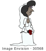 #30568 Clip Art Graphic Of A Beautiful African American Woman A Bride Posing In Her White Wedding Gown Veil And Gloves Holding A Bouquet Of Red Roses