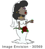 #30569 Clip Art Graphic of a Beautiful African American Bride Wearing Her Wedding Gown And Veil, Holding A Bouquet Of Red Roses And Showing Off The Giant Diamond On Her Wedding Ring by DJArt