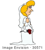 #30571 Clip Art Graphic Of A Beautiful Blond Caucasian Woman A Bride Posing In Her White Wedding Gown Veil And Gloves Holding A Bouquet Of Red Roses
