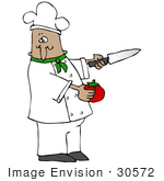 #30572 Clip Art Graphic Of A Hispanic Or French Male Chef Wearing A Chef’S Hat And Jacket With A Green Collar Holding A Tomato And A Knife While Preparing Food In A Kitchen