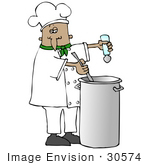 #30574 Clip Art Graphic Of A Hispanic Or French Male Chef Wearing A Chef’S Hat And Jacket With A Green Collar Stirring A Pot Of Food While Seasoning It With Salt