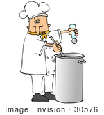 #30576 Clip Art Graphic Of A Caucasian Male Chef Wearing A Chef’S Hat And Jacket With A Yellow Collar Stirring A Pot Of Food While Seasoning It With Salt