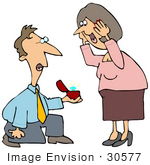 #30577 Clip Art Graphic Of A Romantic Caucasian Man Kneeling Before An Excited Woman And Holding Out A Huge Diamond On An Engagement Ring While Proposing To Her