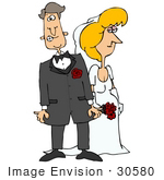 #30580 Clip Art Graphic Of A Nervous Caucasian Groom Standing Beside His Blond Bride