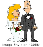 #30581 Clip Art Graphic Of A Nervous Caucasian Groom With Cold Feet Standing Beside His Beautiful Blond Bride At Their Wedding