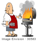#30583 Clip Art Graphic Of A Nervous Caucasian Man Wearing A Red Apron Holding A Spatula And Salt Shaker Standing In Front Of Hamburger Patties And Bbq Sauce And A Gas Bbq Grill With Huge Flames
