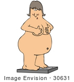 #30631 Clipart Illustration Of An Overweight Naked Caucasian Woman Holding Her Chest While Standing On A Scale To Check Her Weight