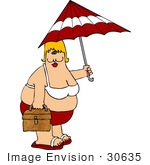 #30635 Clipart Illustration of an Obese Cacuasian Woman In A Red And White Bikini And Sandals, Carrying A Picnic Basket And Umbrella On A Beach by DJArt