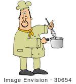#30654 Clip Art Graphic Of A Male Caucasian Chef In A Yellow Chefs Hat And Jacket Using A Whisk To Stir Food In A Pot