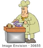 #30655 Clip Art Graphic Of A Male Caucasian Chef In A Yellow Chefs Hat And Jacket Shedding A Tear While Cutting Onions