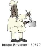 #30679 Clip Art Graphic Of A Male African American Chef Stirring A Pot Of Food With A Whisk