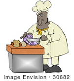 #30682 Clip Art Graphic Of An African American Male Chef In A Chefs Hat And Jacket Crying While Prepping Food And Slicing Onions In A Kitchen