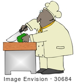 #30684 Clip Art Graphic Of An African American Male Chef Wearing A Chefs Hat And Jacket Prepping And Cutting A Green Bell Pepper In A Kitchen
