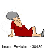 #30689 Clip Art Graphic Of A Confused Elderly Caucasian Woman Seeing Stars And Lying On The Floor After Slipping