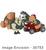 #30753 Clip Art Graphic Of A Group Of Biker Dogs A Chow Chow Bulldog Border Collie And Bloodhound Chatting While Two Sit On Quads