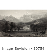 #30754 Stock Illustration Of A Native American Encampment With Tipis And Horses On A Lake Shore In Yosemite Valley Of The Rocky Mountains