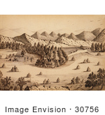 #30756 Stock Illustration Of A Rocky Mountain Landscape Of Covered Wagons And A Tent At A Place Called Pretty Camp Nestled At The Edge Of A Forest By A River