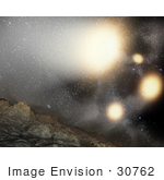 #30762 Stock Illustration Depicting What The Night Sky Might Look Like From A Hypothetical Planet Around A Star Tossed Out Of An Ongoing Four-Way Collision Between Big Galaxies Which Are Shown As Yellow Blobs