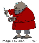 #30767 Clip Art Graphic Of An Old African American Guy With A Bald Head Wearing A Red Robe Over His Gray Pajamas Brushing His Dentures Or Applying Paste To His False Teeth
