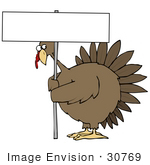 #30769 Clip Art Graphic Of A Worried Turkey Bird Holding Up A Blank White Sign On A Poultry Farm