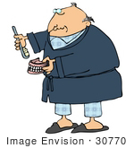 #30770 Clip Art Graphic Of An Old Caucasian Guy With A Bald Head Wearing A Blue Robe Over His Pajamas Brushing His Dentures Or Applying Paste To His False Teeth
