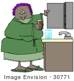 #30771 Clip Art Graphic Of A Grouchy Old African American Lady Wearing A Pink Robe Over Blue Pjs And Purple Curlers In Her Hair Taking Medicine Out From A Bathroom Cabinet