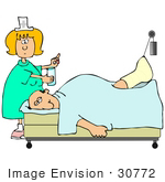 #30772 Clip Art Graphic Of A Blond White Female Nurse Handing A Pill And A Glass Of Water To An Injured White Man Hooked Up To A Traction In A Hospital Bed