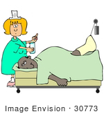 #30773 Clip Art Graphic Of A White Female Nurse Blond Hair Giving Water And Medicine To An Injured Black Man Who Has His Leg Hooked Up To A Traction In A Hospital Bed