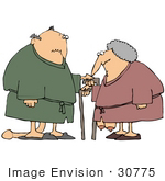 #30775 Clip Art Graphic Of A White Senior Couple Wearing Robes And Slippers Leaning On Canes With Their Privates Sagging To The Floor